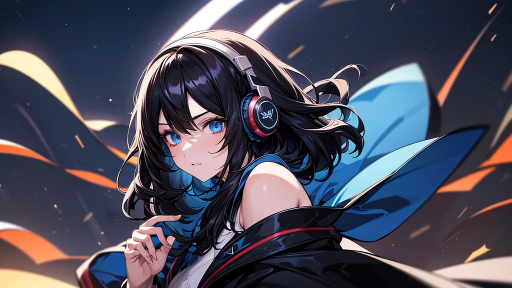 ((UHD, super detail, best quality, highres)),black hair, hair over shoulder, medium hair, blue eyes, (headphones), anime, anime style, Night Jazz