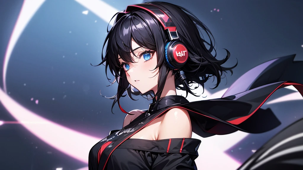 ((UHD, super detail, best quality, highres)),black hair, hair over shoulder, medium hair, blue eyes, (headphones), anime, anime style, Night Jazz