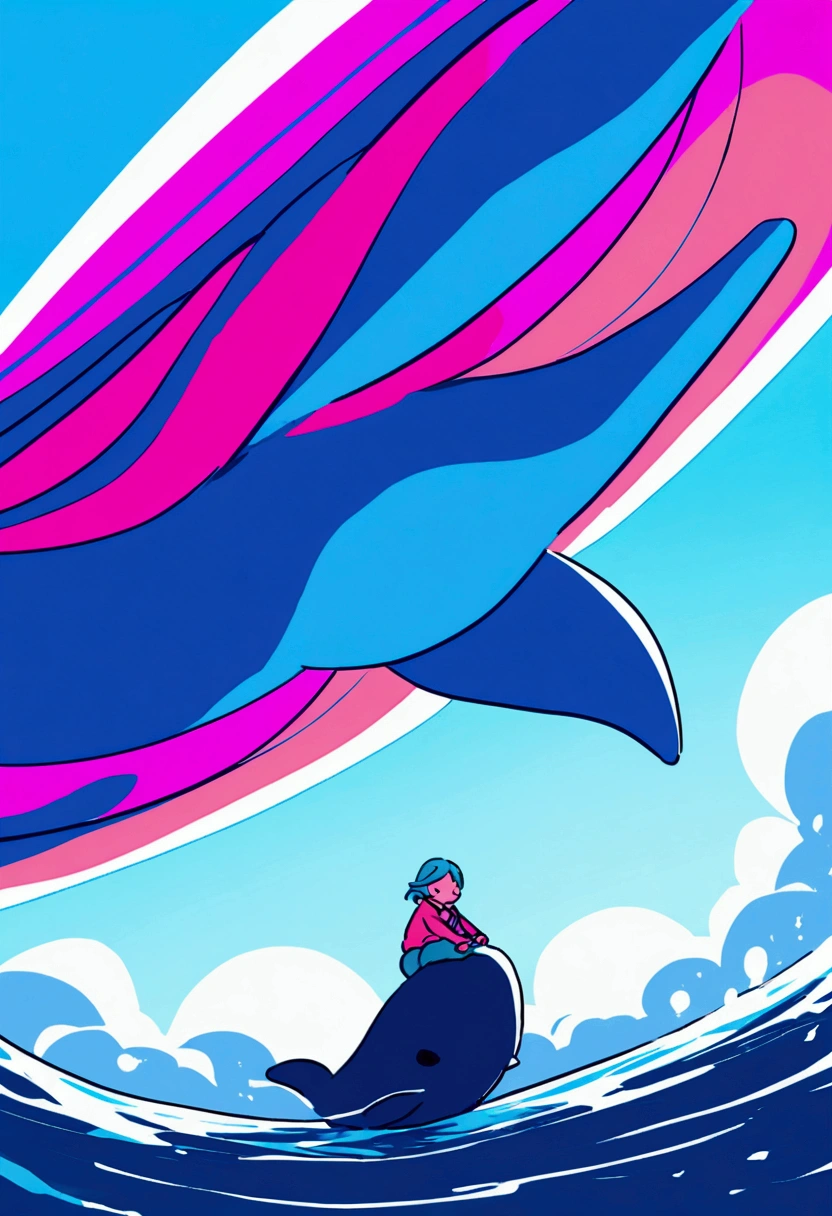 Children around 4 years old riding a whale flying in the blue sky