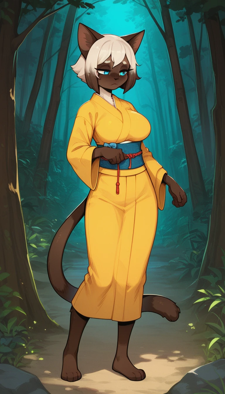 Half-closed eyes, tired expression, 1girl, anthro, furry, fur, fluffy fur, siamese cat, cat girl, japanese forest background, white hair (brown highlights), blue eyes, short hair, full body, (19 years), big breast, thicc thighs, solo, (japanese forest), half-closed eyes, detailed, yellow kimono, shy, night, samurai armor, score_9, score_8_up, score_7_up, score_6_up, score_5_up, score_4_up