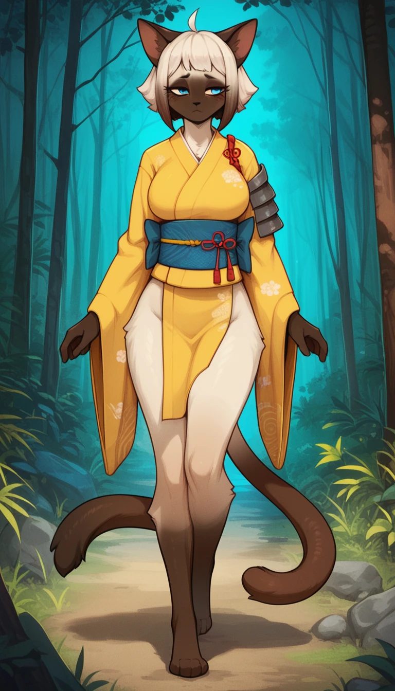 Half-closed eyes, tired expression, 1girl, anthro, furry, fur, fluffy fur, siamese cat, cat girl, japanese forest background, white hair (brown highlights), blue eyes, short hair, full body, (19 years), big breast, thicc thighs, solo, (japanese forest), half-closed eyes, detailed, yellow kimono, shy, night, samurai armor, score_9, score_8_up, score_7_up, score_6_up, score_5_up, score_4_up