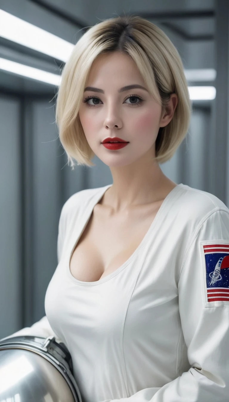 (((Surreal woman)))、((Very pretty 30-year-old white woman))、(((Large cleavage)))、(((Female astronaut)))、(((Large cleavage)))、
short hair、Blonde mature、8K，Face the lens，Upper Body，Fat body type、Beautiful expression、Beautiful brown eyes、Staying on a huge space station、Red lips、(((Please wear a space suit)))、(((Solitary)))、