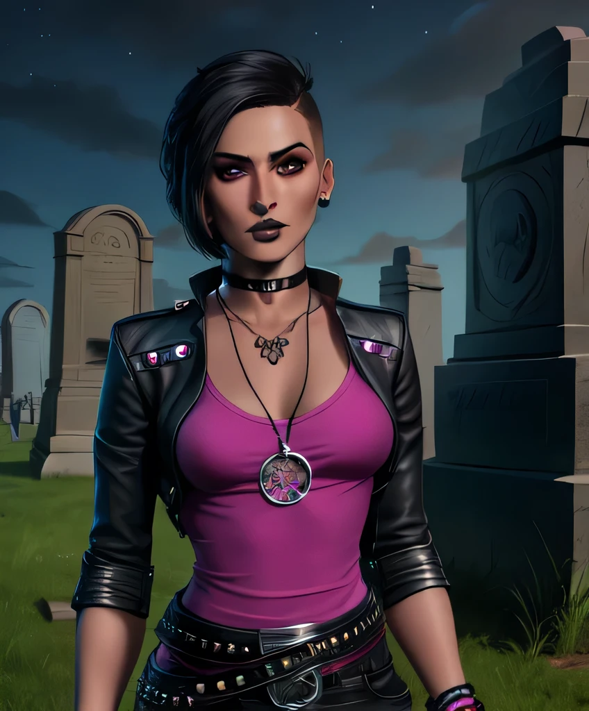 nico,piercing,nose piercing,black hair,hair to side,black lips,short short hair, brown eyes, 
earrings,necklace,leather jacket,pink shirt,belt,black pants,bracelet,choker,
standing,upper body,
night,outside,cemetery,
(insanely detailed, beautiful detailed face,beautiful detailed eyes, masterpiece, best quality),solo,