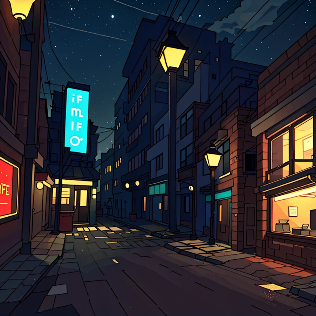 Generate an image of a deserted street at night with a lofi aesthetic coffee shop, highlighting the illuminated sign and the lamp posts in the background.
