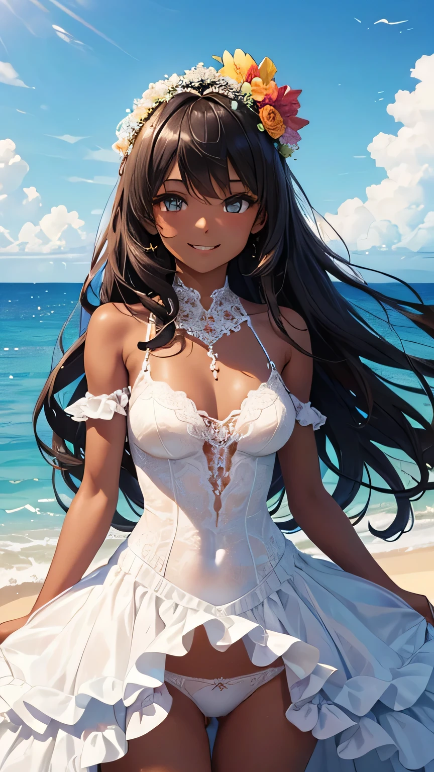 highest quality、Realistic、girl、zoom、Turquoise eyes、Long Curly Hair、Wedding dress、Bridal Lingerie、Tanned black body、Brown black skin、slender、Dark Skin、Flat Chest、、A big smile、Summer Sea、Bust Shot、