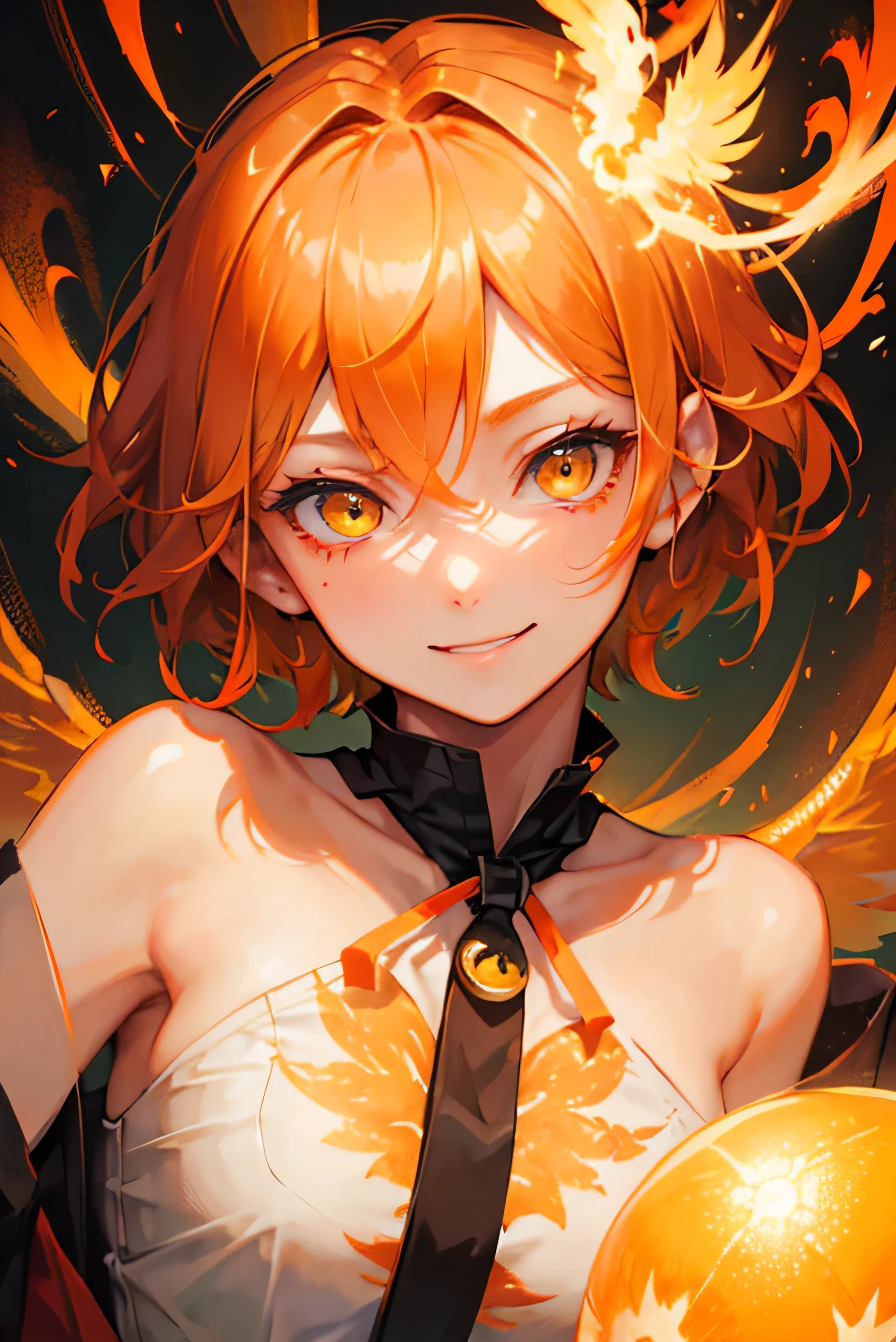 A nice adult woman wearing a black lace outfit、1 person、((Orange short hair))、(Yellow Eyes)、Bold Pose、Face close-up、(Background of the Tohoku Festival)、strong、Wicked Smile、nice、Tamaki Shiina