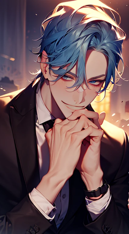 (best quality,4k,8k,highres,masterpiece:1.2),ultra-detailed,(realistic,photorealistic,photo-realistic:1.37),1 man,31 years old,mature man,very handsome,without expression,smile,short grey blue hair,blue eyes,penetrating gaze,perfect face without errors,imposing posture,businessman,office background,cinematic lighting,hdr image