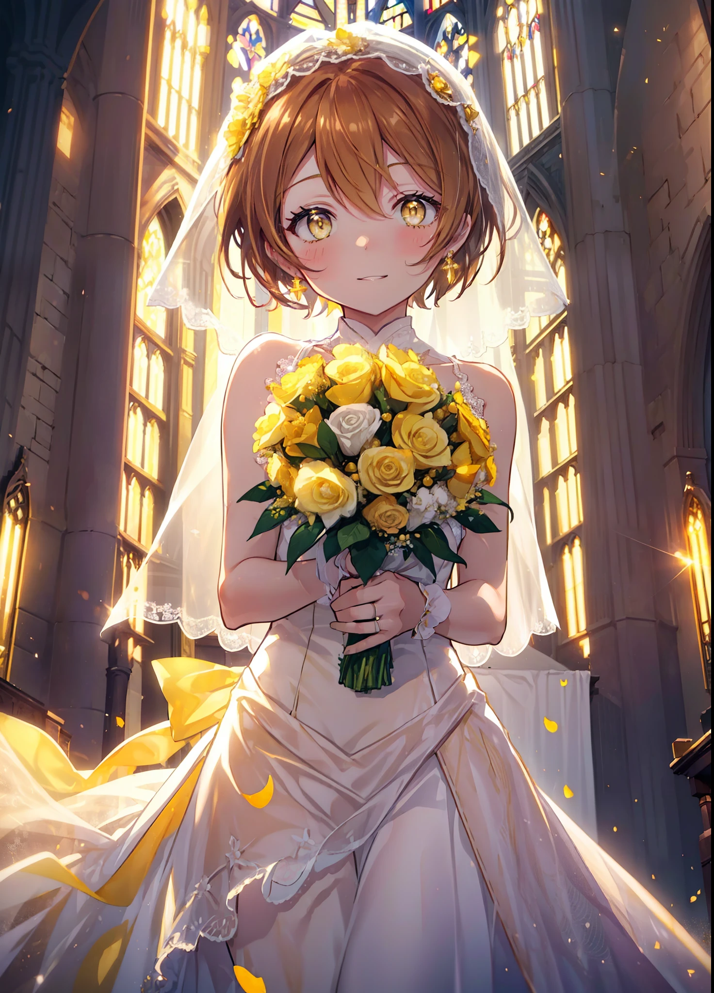 Rin Hoshizora (Yellow Eyes:1.5), Hair between the eyes, Brown Hair,short hair,blush,happy smile, smile, Open your mouth,Wedding dress,Veil,bouquet,　　　　　　　　　　　　break looking at viewer, whole body,(Cowboy Shot:1. 5) 　　　　　　　　　　　　　　　　　　　break indoors, Chapel,church, 　　　　　　　　　　　break (masterpiece:1.2), Highest quality, High resolution, unity 8k wallpaper, (shape:0.8), (Beautiful attention to detail:1.6), Highly detailed face, Perfect lighting, Extremely detailed CG, (Perfect hands, Perfect Anatomy),