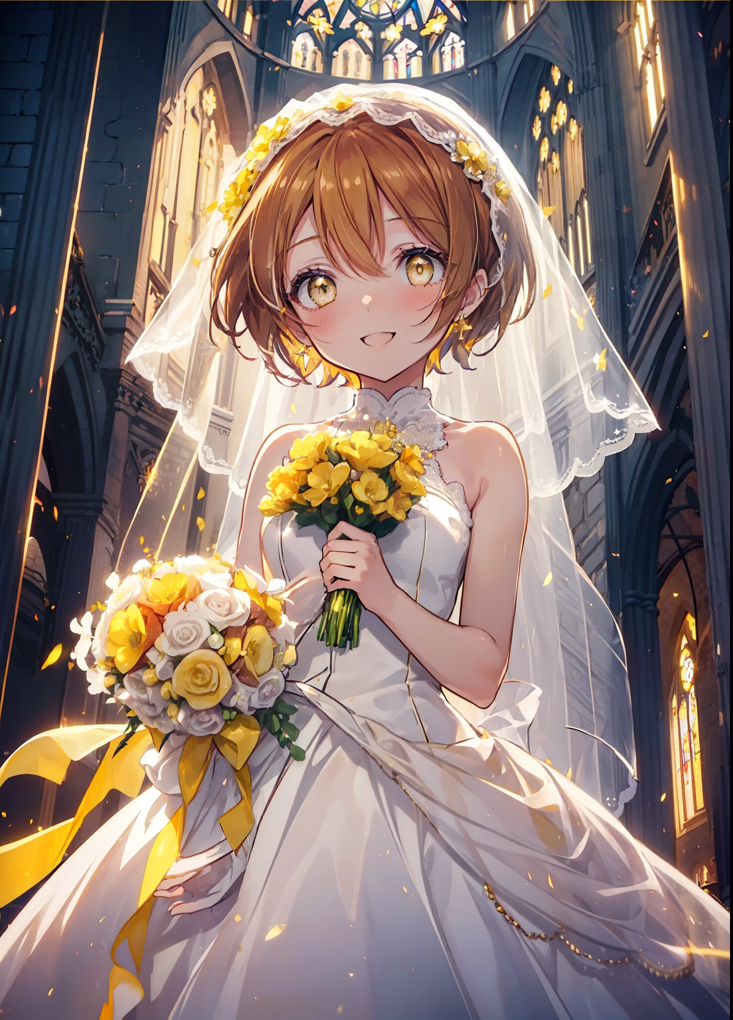 Rin Hoshizora (Yellow Eyes:1.5), Hair between the eyes, Brown Hair,short hair,blush,happy smile, smile, Open your mouth,Wedding dress,Veil,bouquet,　　　　　　　　　　　　break looking at viewer, whole body,(Cowboy Shot:1. 5) 　　　　　　　　　　　　　　　　　　　break indoors, Chapel,church, 　　　　　　　　　　　break (masterpiece:1.2), Highest quality, High resolution, unity 8k wallpaper, (shape:0.8), (Beautiful attention to detail:1.6), Highly detailed face, Perfect lighting, Extremely detailed CG, (Perfect hands, Perfect Anatomy),