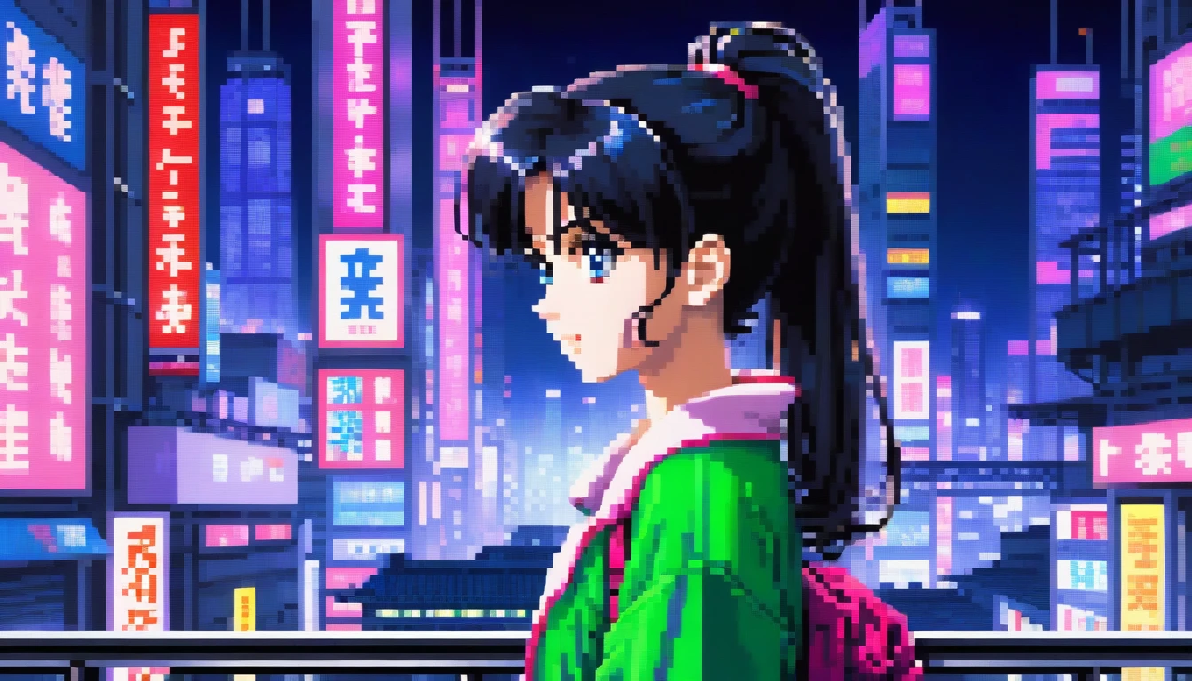 ((best quality)), ((masterpiece)), (detailed), 1girl, sexyhighest quality, masterpiece, Very detailed, Detailed Background, anime, One girl, Young girl, Sexy Girls, Black hair ponytail girl,　 Atmospheric lighting, Focus Only, close　 Depth of written boundary, Bokeh　1990年代anime　１９８０年代anime　１９８０Period Fashion　 　City Pop 　　Big glasses　 Beautiful eyes　B90,W60，H90 White Skin　Pink lighting　Light pink clothes pixel, 16-bit Style, Pixel art, Nintendo game scene, Cool colors, green,Shinjuku at night in the background, Skyscraper, Skyline, Modern, Colorful lights, dark, A girl in the foreground, whole body,greenい瞳