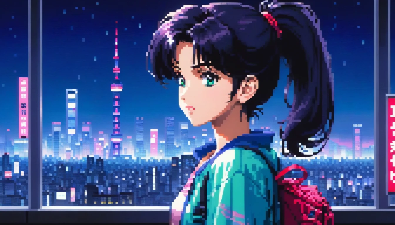 ((best quality)), ((masterpiece)), (detailed), 1girl, sexyhighest quality, masterpiece, Very detailed, Detailed Background, anime, One girl, Young girl, Sexy Girls, Black hair ponytail girl,　 Atmospheric lighting, Focus Only, close　 Depth of written boundary, Bokeh　1990年代anime　１９８０年代anime　１９８０Period Fashion　 　City Pop 　　Big glasses　 Beautiful eyes　B90,W60，H90 White Skin　Pink lighting　Light pink clothes pixel, 16-bit Style, Pixel art, Nintendo game scene, Cool colors, green,Shinjuku at night in the background, Skyscraper, Skyline, Modern, Colorful lights, dark, A girl in the foreground, whole body,greenい瞳