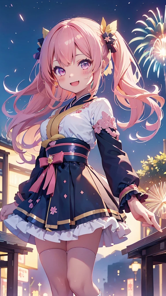 1girl、fireworkの妖精、(((Highest quality、Masterpiece、Official Art、超detailed、The best dynamic composition)))、人生最高のsmile、fluffy、Sparkling、はじけるsmile、Capture the moment of jumping for joy、happiness、happiness、joy、smile、Laughing with mouth open、Gothic Lolita kimono remade from kimono、Lots of frillilky Way、Seven-color gradient hair color、firework、Night Sky、Absurd、超巨大なfirework、detailed、Composition looking up from below