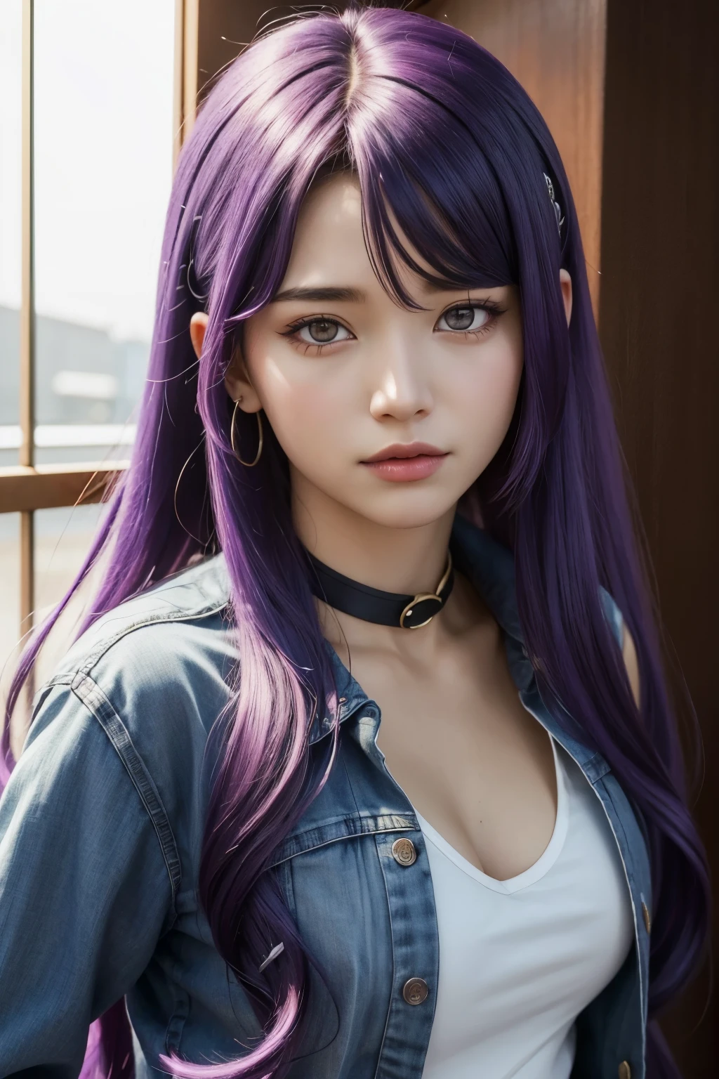 ultra realistic, Photon, Luffy with long hair, purple eyes and purple hair.(detailded)