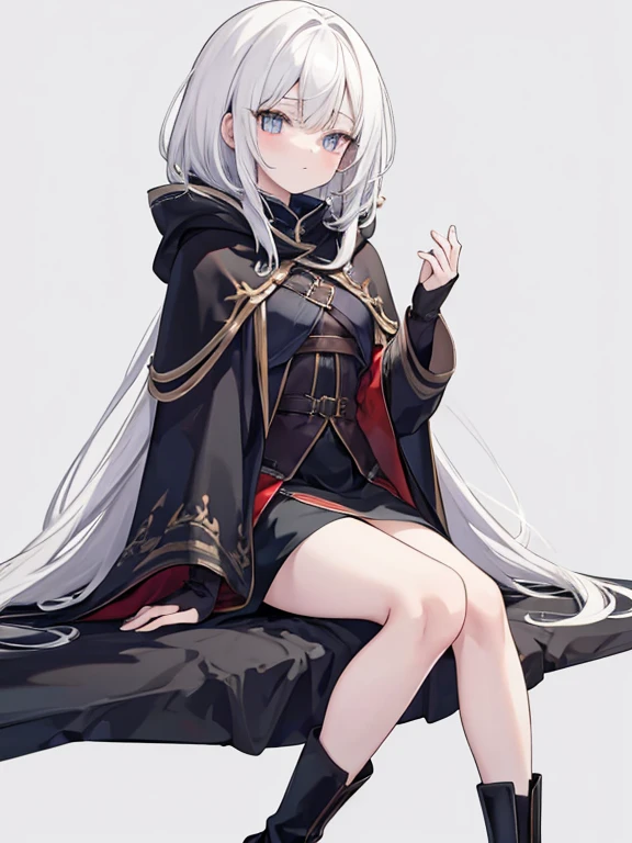 White hair，Waist-length hair，beautiful girl，No Expression，whole body，Height 145 cm，Black shawl cloak，A cloak that covers the body，Different world，HD，8K，detail，whole body，Over the knee socks，Knee socks，Black Silk，Red vest，Black shorts，Ankle boots，No background，With hands，Normal hand,Cute eyes