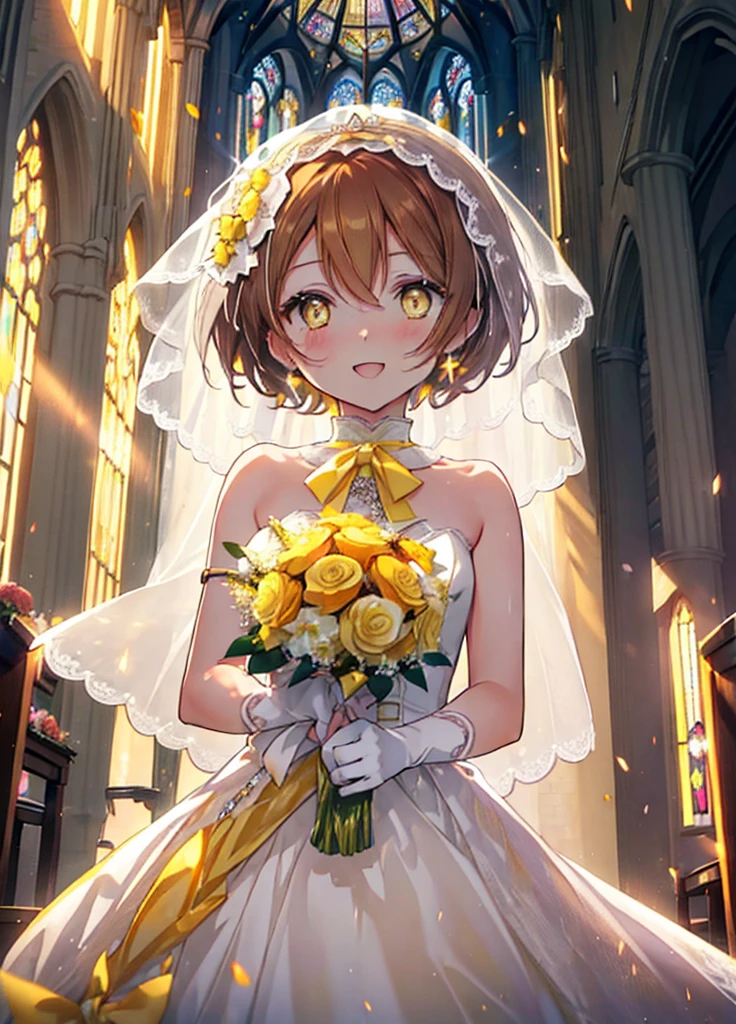 Rin Hoshizora (Yellow Eyes:1.5), Hair between the eyes, Brown Hair,short hair,blush,happy smile, smile, Open your mouth,Wedding dress,Veil,bouquet,　　　　　　　　　　　　break looking at viewer, whole body,(Cowboy Shot:1. 5) 　　　　　　　　　　　　　　　　　　　break indoors, Chapel,church, 　　　　　　　　　　　break (masterpiece:1.2), Highest quality, High resolution, unity 8k wallpaper, (shape:0.8), (Beautiful attention to detail:1.6), Highly detailed face, Perfect lighting, Extremely detailed CG, (Perfect hands, Perfect Anatomy),