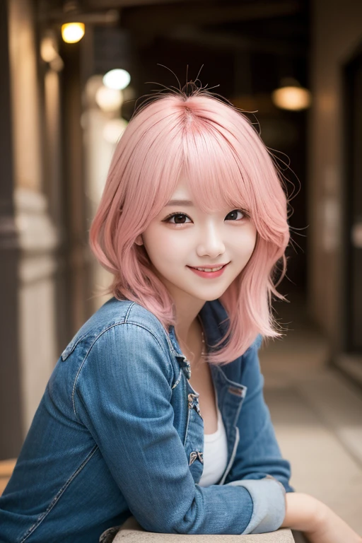 (Seductively Posing :1.3),(Pink Hair :1.3),Studio Light, Depth of written boundary, thin, cute顔, smile, Beautiful details in the eyes, 19 year old Japanese, cute, voluminous curled hair, Plaza, casual