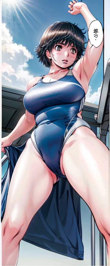 A boyish, short-haired, busty, beautiful-legged beauty is standing by the pool in a competitive swimsuit with her legs spread to the sides, her mouth open, and her face blushing.。Angle from below。