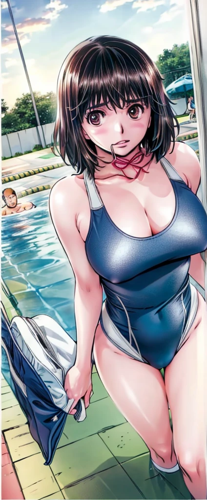 A boyish, short-haired, busty, beautiful-legged beauty is standing by the pool in a competitive swimsuit with her legs spread to the sides, her mouth open, and her face blushing.。Angle from below。