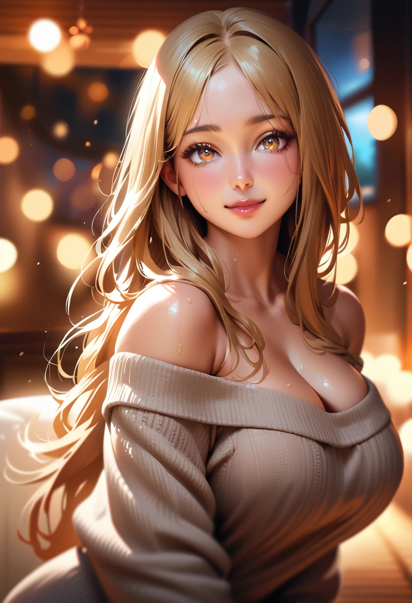 (high quality, High resolution, Fine details), Realistic, Cozy atmosphere, Elegant style woman, (Beautifully detailed off-the-shoulder sweater:1.2), alone, Curvy Women, Blonde, Long Hair, Sparkling eyes, (Fine grain:1.2), smile, blush, Sweat, Oily skin, Shallow depth of field, Natural light, Soft Focus, Dreamy atmosphere, Soft and warm texture, Bokeh effect,Big Breasts,Huge , Cleavage