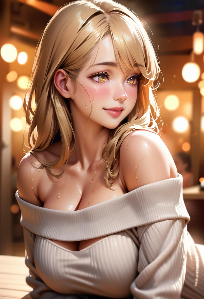 (high quality, High resolution, Fine details), Realistic, Cozy atmosphere, Elegant style woman, (Beautifully detailed off-the-shoulder sweater:1.2), alone, Curvy Women, Blonde, Long Hair, Sparkling eyes, (Fine grain:1.2), smile, blush, Sweat, Oily skin, Shallow depth of field, Natural light, Soft Focus, Dreamy atmosphere, Soft and warm texture, Bokeh effect,Big Breasts,Huge , Cleavage 