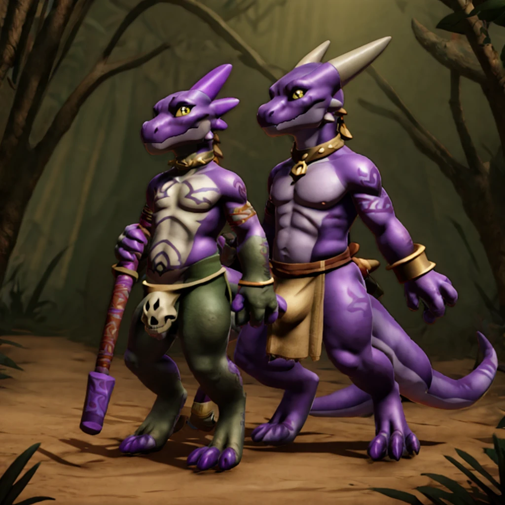 Kobold, scalie, black skin, anthro, male, kobold male, men, flat chested, flat breasts, horns, tribal tattoos, womb tattoo, tail, kobold tail, Tribal clothes, Penetrating gaze, Magic staff with animal skull ornament, cuff gold, neck cuff very thick, in a jungle mangrove, slime loincloth, Warlock Kobold, Crotch bulge,