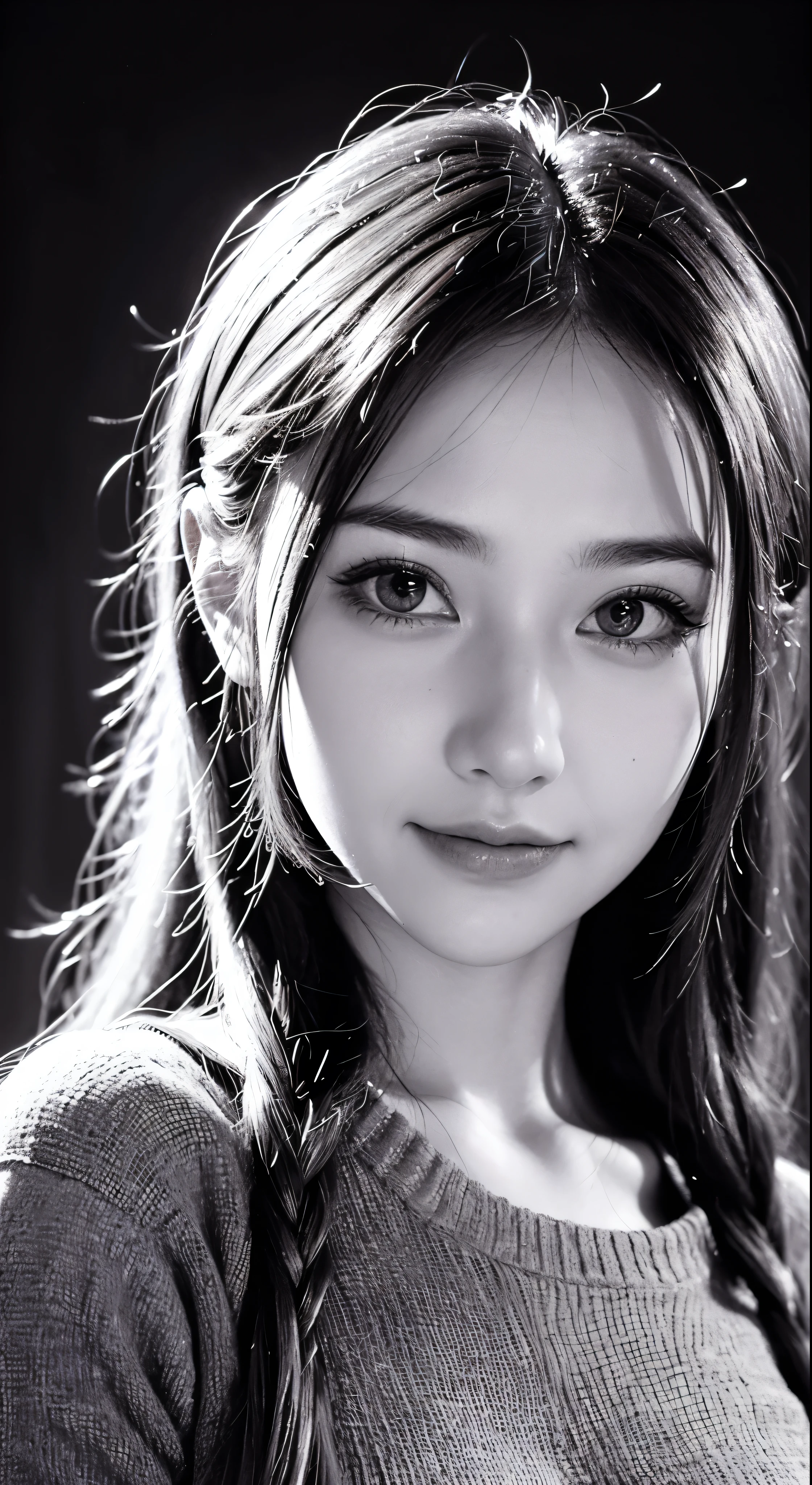 NauSKaaValOfWi,  greyscale, detailed 1girl, looking at viewer, sad smile, upper body,Artistic portrait，The background is complex and made up of the golden ratio