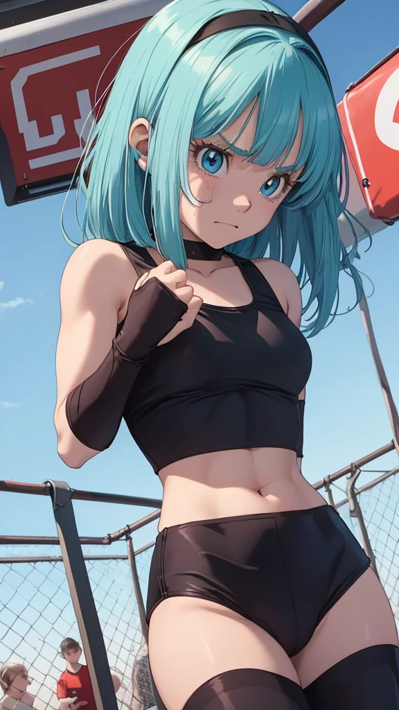 Cute slim high school girl, boxing gym, getting punched in the stomach, expression in pain, clenching teeth to support herself, only some muscle tendons visible, light blue eyes, short light blue hair, small breasts, tank top, pants boxing shorts and gloves