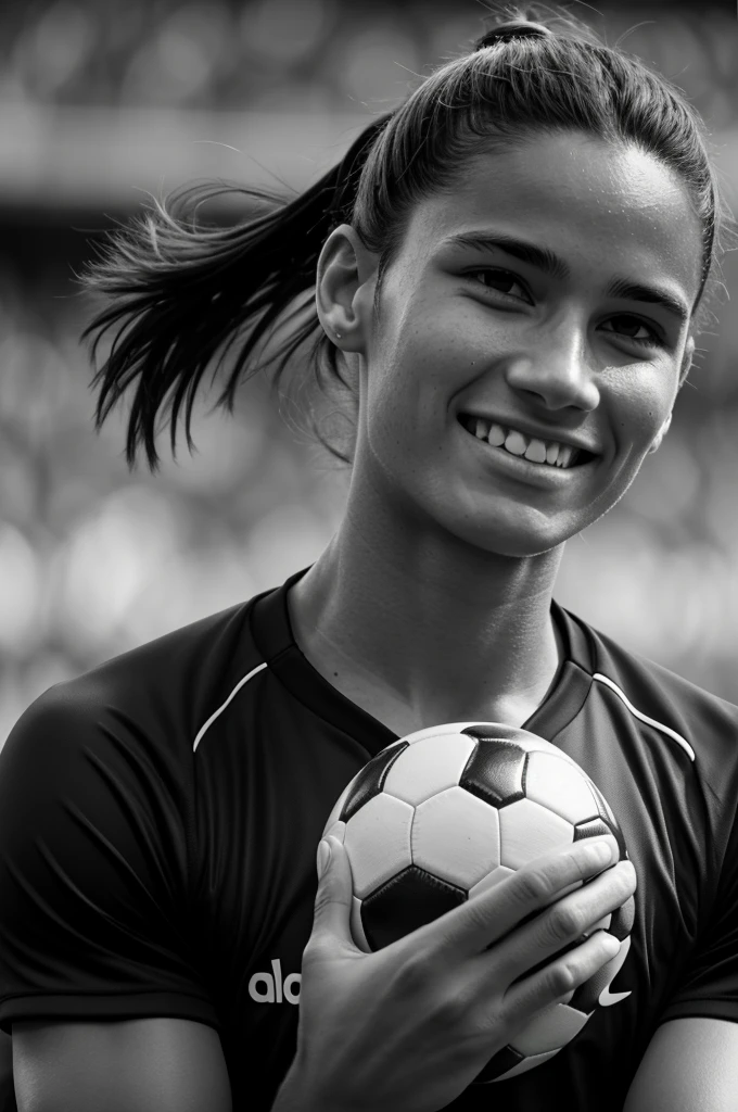 Face of soccer player looking forward in the middle of the image, and the other half another soccer player looking forward also in black and white 