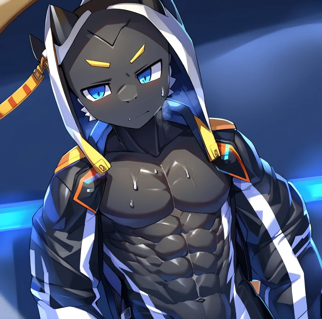 Thin macho western black dragon abs Hollow abs body suit thick arms chest rig 、sweaty skin glow profile Wearily short of breath Chemo shota
have a blue eyes Tired look jacket