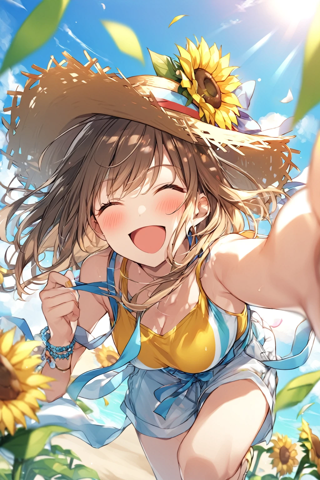 Summer sky、sunflower、Straw hat、Big smile、One Piece Appears、Open your mouth wide、Wink、Bright, Energetic and Active,