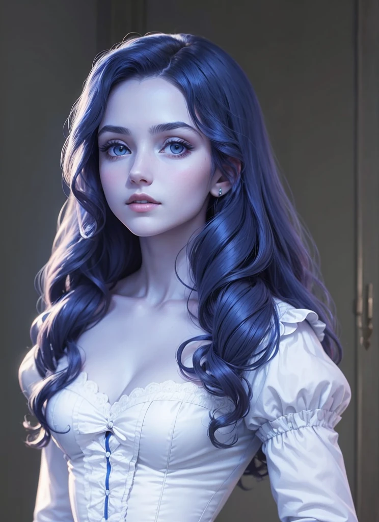 masterpiece, young woman, white dress, victorian dress, blue skin, wavy hair