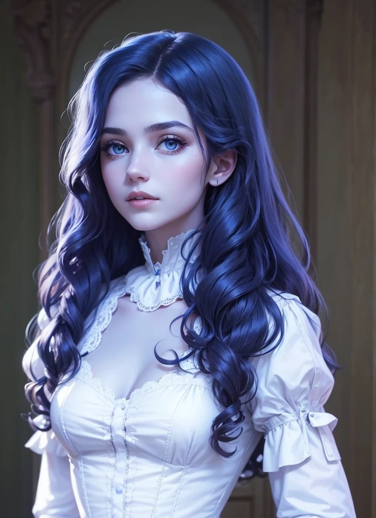 masterpiece, young woman, white dress, victorian dress, blue skin, wavy hair