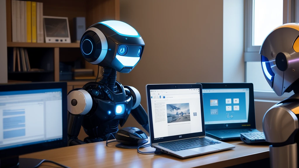 Cute Robot,Using a computer,Writing a blog,In a bright room