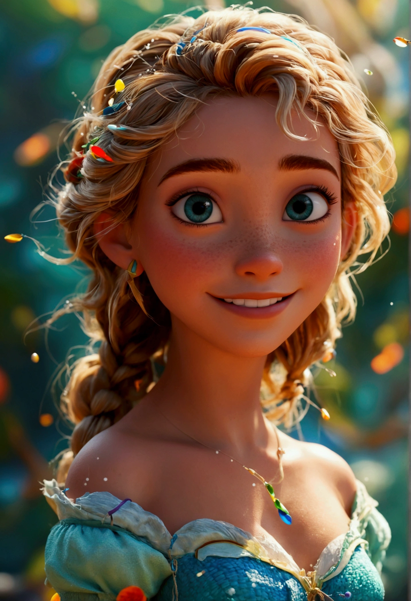 Imagem estilo pixar com 3D personagem mulher branca cabelo liso longo  castanho dançando, Disney makeup,fisherman, cute, He would be ,close up, pixar, Disney, 