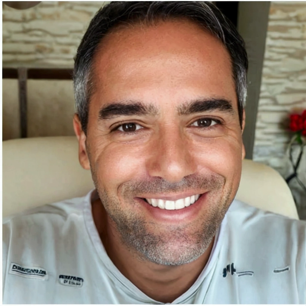 smiling man, with gray hair and white shirt, seated in a chair, icaro carvalho, gui guimaraes, miguel iglesias, edu souza, david rios ferreira, caio santos, Andreia Rocha, carmelo blandino, by Felipe Device, luis melo, henrique alvim corrêa, michael vicente, joe alves