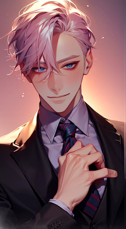 (Highest quality,4K,8K,High resolution,masterpiece:1.2),Super detailed,(Realistic,photoRealistic,photo-Realistic:1.37),1 person,31 years old,Mature Men,Beautiful skin、very handsome,Expressionless,smile,Short gray pink hair,blue eyes,Sharp Eyes,A perfect face without a doubt,Businessman,Office Background,Cinema Lighting,HDR image,tie、