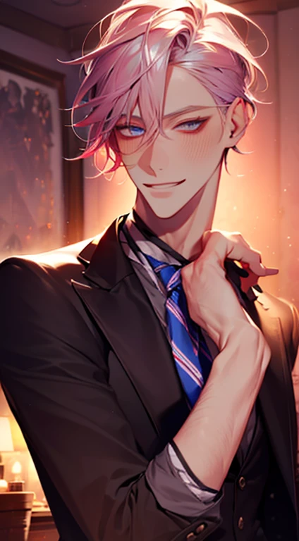 (Highest quality,4K,8K,High resolution,masterpiece:1.2),Super detailed,(Realistic,photoRealistic,photo-Realistic:1.37),1 person,31 years old,Mature Men,Beautiful skin、very handsome,Expressionless,smile,Short gray pink hair,blue eyes,Sharp Eyes,A perfect face without a doubt,Businessman,Office Background,Cinema Lighting,HDR image,tie、