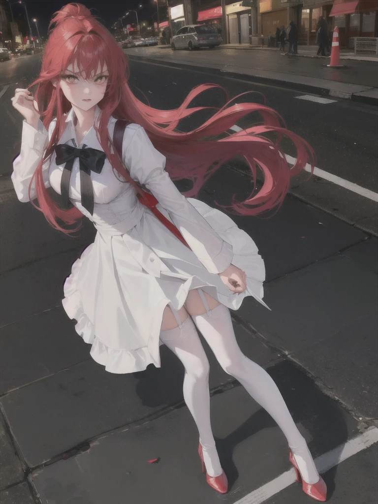 A handsome girl with a princess cut, bright red hair, a white shirt, and a proud chest covered tightly, with leg rings, black stockings, and high heels. She is standing on the street with bright lights and people coming and going, and has an angry expression