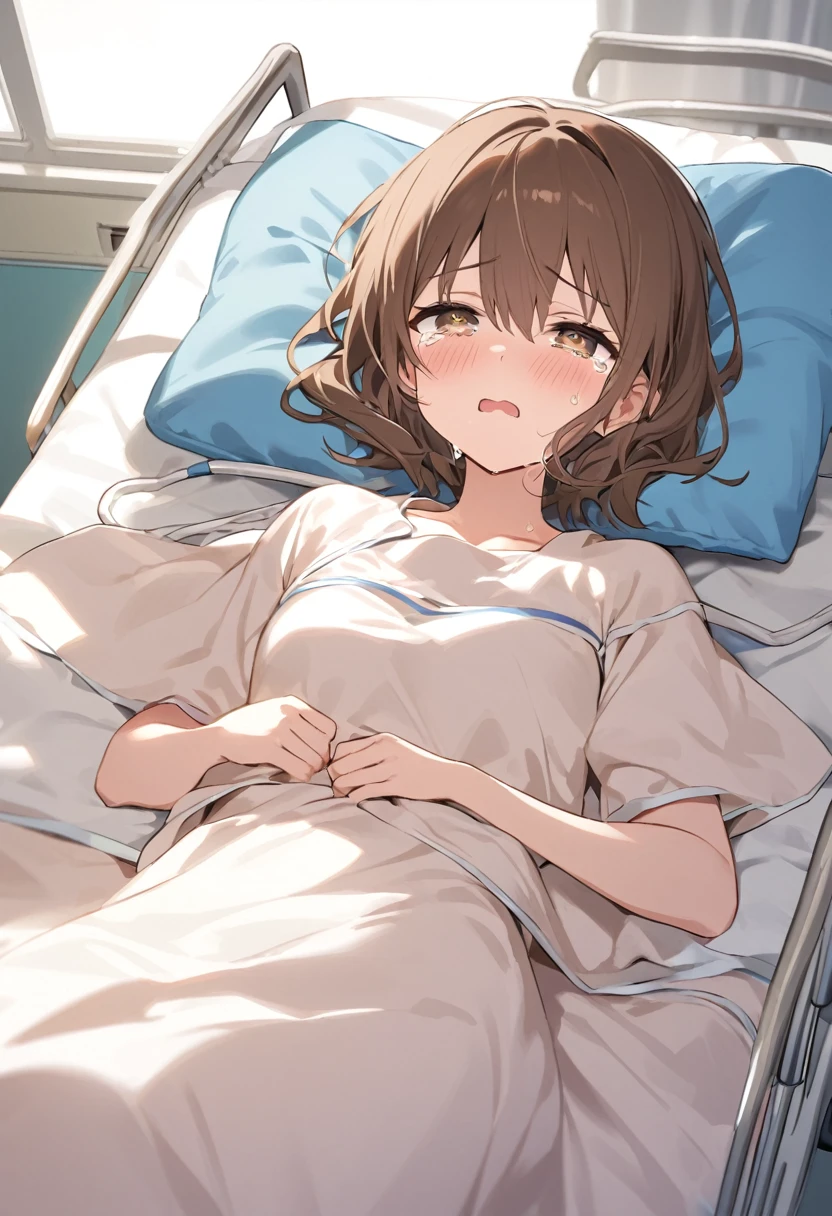 girl.Brown hair and hazel eyes.She cries bitterly.in the hospital.She passed out. oxygen.Breathable cover.