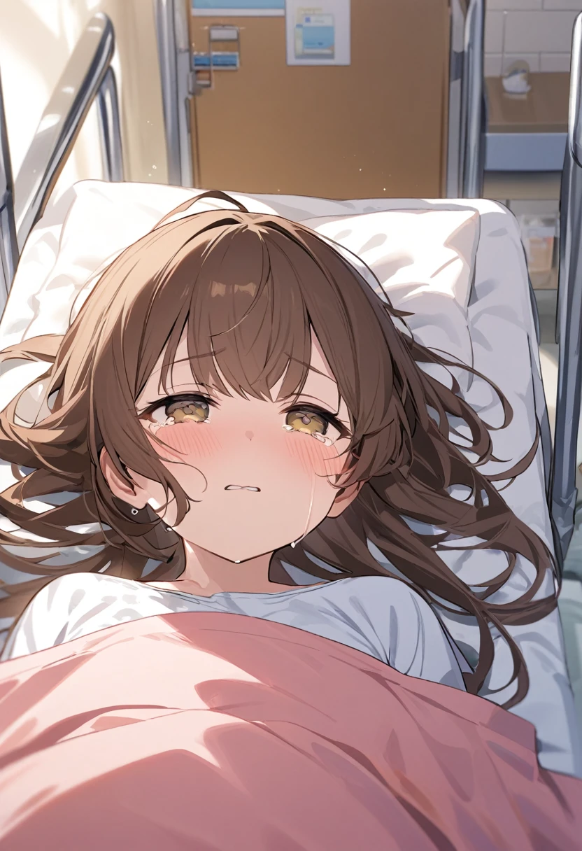 ((nude))score_9, score_8_up, score_7_up, source_anime, asukalangley, asuka langley soryu, long hair, bangs, brown hair, hair ornament, hospital gown, indoors, hospital, lying on back, sleeping, hospital bed, closed eyes, looking at viewer, dutch angle, cowboy shot,