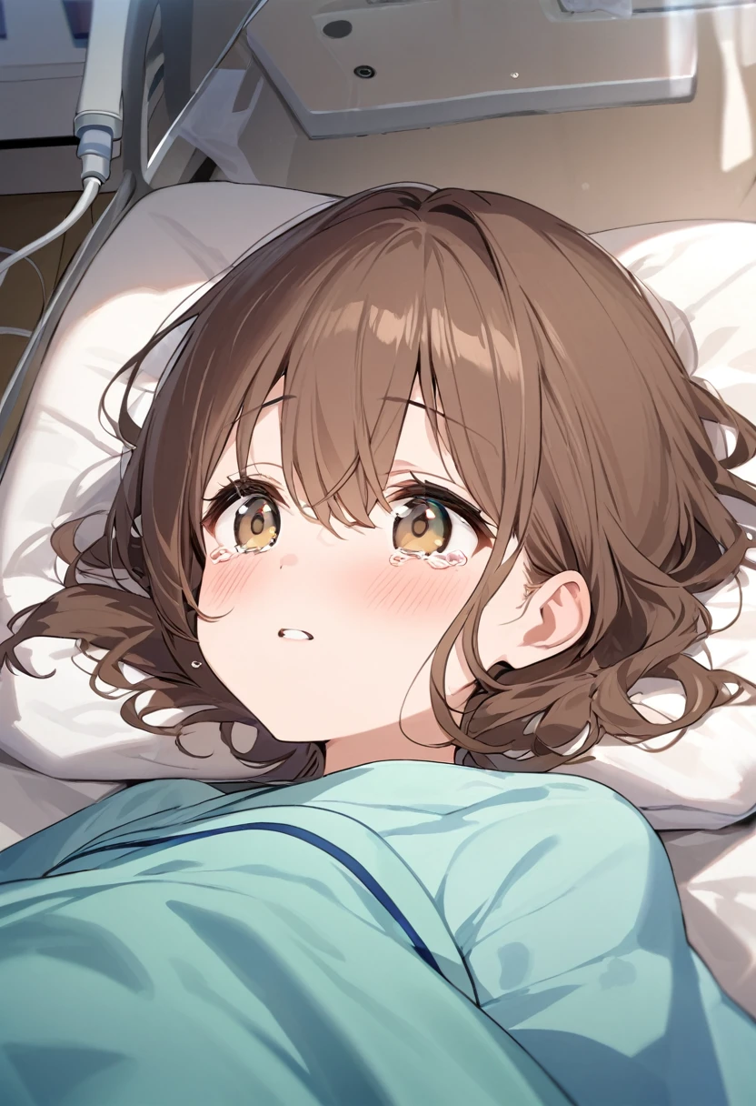 girl.Brown hair and hazel eyes.She cries bitterly.in the hospital.She passed out. oxygen.Breathable cover.