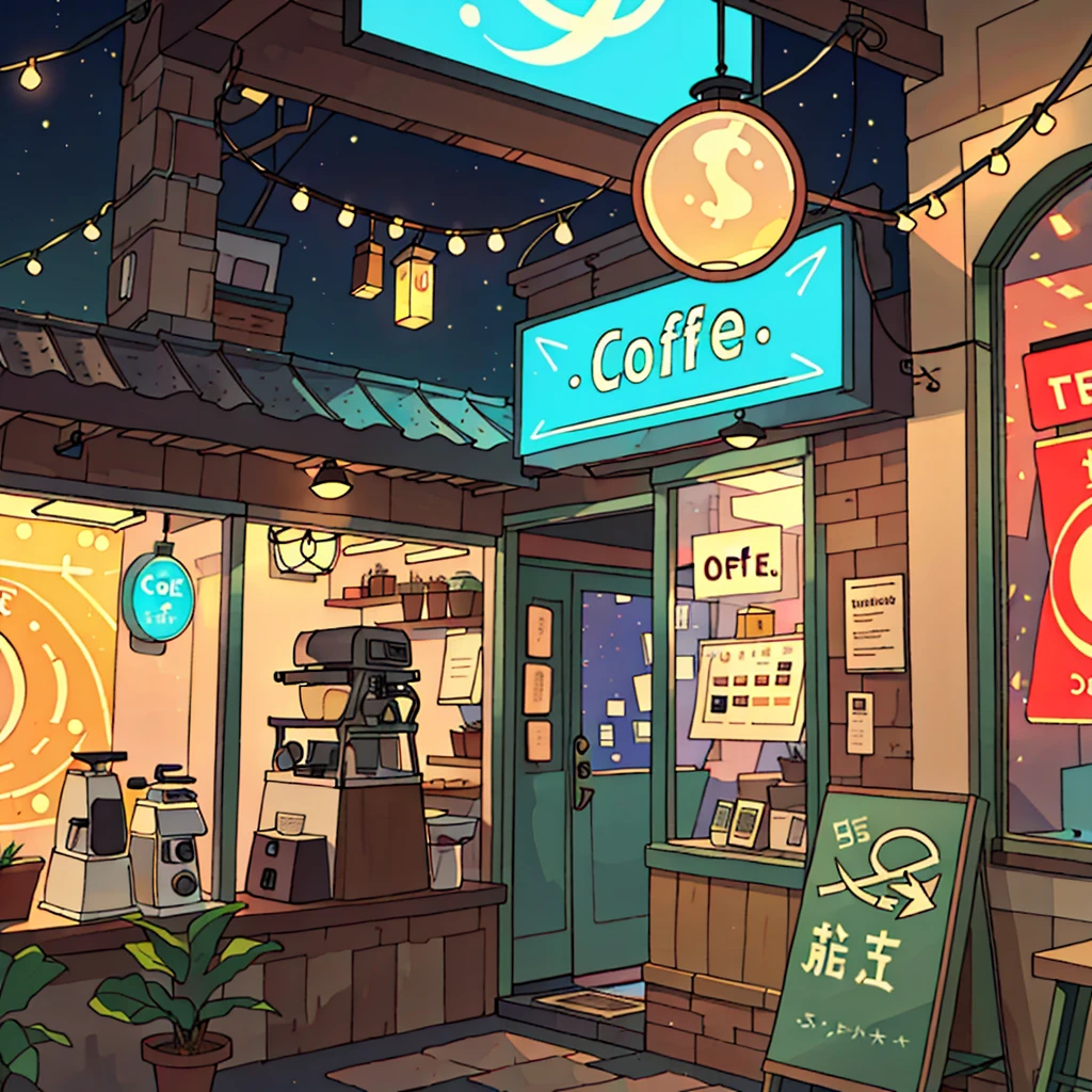 lofi aesthetic coffee shop, highlighting the illuminated sign and the lamp posts in the background.