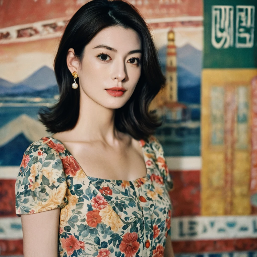Close up portrait of a gorgeous young beautiful face Korean girls, still from the film, ((solo)), (Anne Hathaway look alike face: 0.9), in a vintage retro 60s print dress, in a vintage retro 60s print dress, wearing high heels, posing in front of a pretty 60s mural, Leica SL3, Summicron-SL 75 f/2 ASPH, kodak gold 200 film, bare shoulder, dynamic action pose,