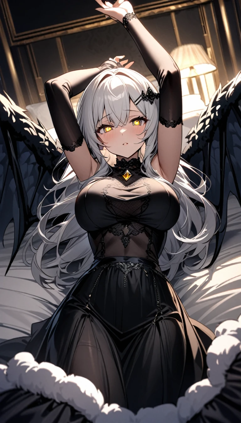 A woman, flowing white hair, melancholy eyes, yellow pupils, black diamond-shaped hairpin, tattered black dragon wings sprouting from her back, moonlight, arms up, incoming hug, pov, reaching, reaching towards viewer, looking at viewer, cowboy shot, dutch angle, lying down, a big fluffy and soft black silk bed, Luxurious and luxurious bedrooms, big tits