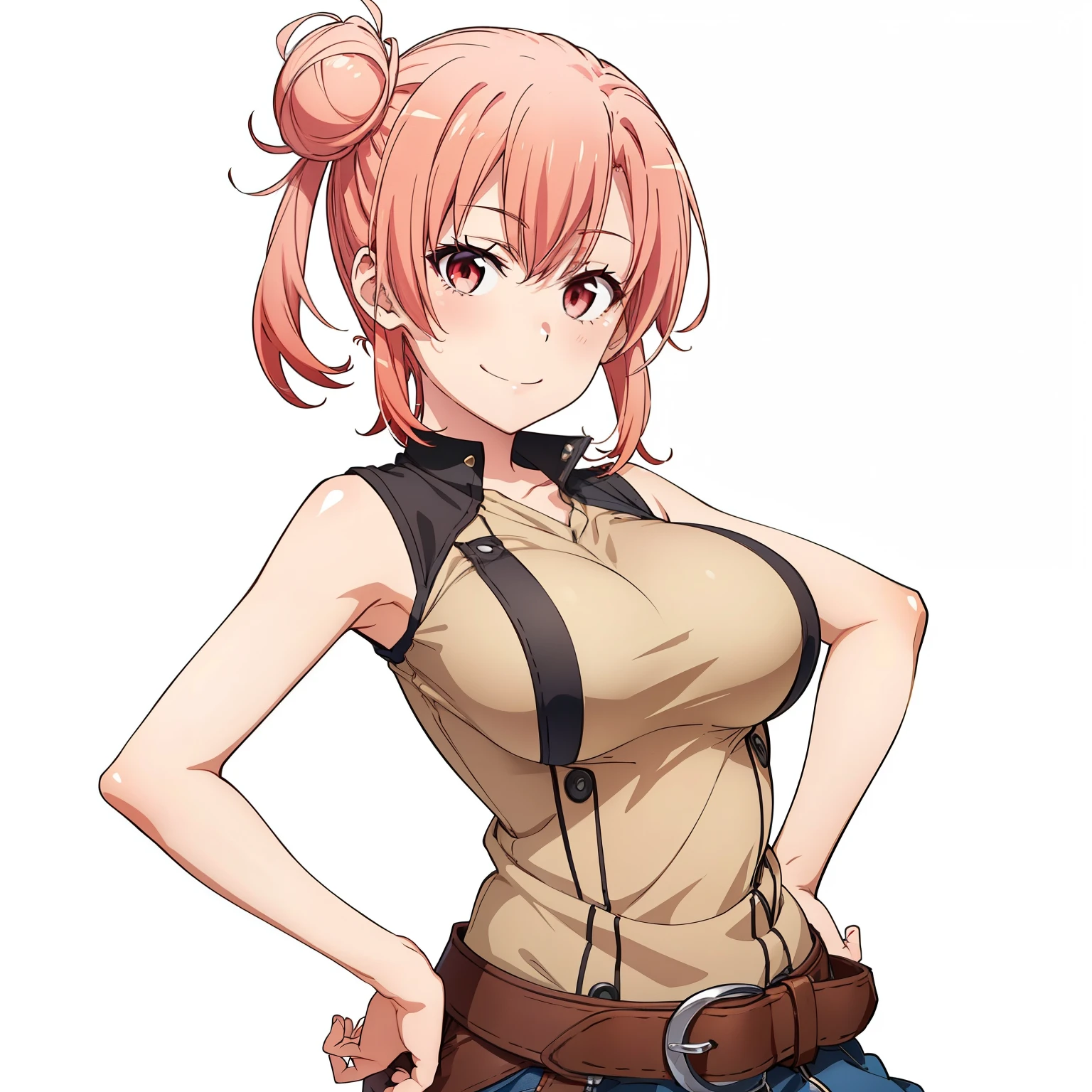 ((masutepiece, Best Quality, hight resolution, nffsw, Perfect Pixel, depth of fields, 4K, )), 1girl in, Solo, , Beautiful anime girl, Beautiful Art Style, close up, Looking at Viewer, Perfect body, Yuigahama Yui, Short hair, pink hair, hairbun, (large boob), smiling, winking, one eye open, hands on hips, blank white background, cowboy shot