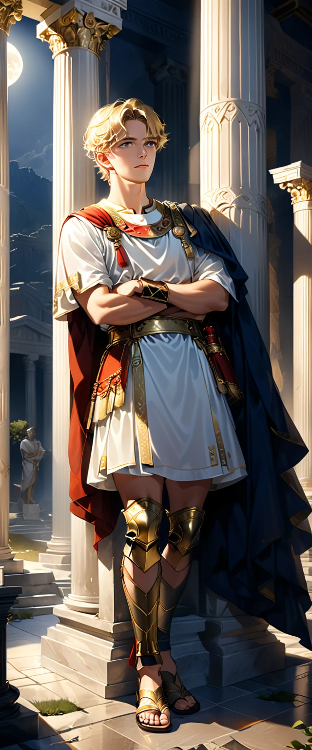 Handsome young blond man, around 20 years old, Roman soldier, liturgical uniform, he is wearing Roman sandals and calf and knee pads, full-body image, ancient Greek temple, He was standing, (leaning against a pillar:1.3), thinking deeply, arms folded, weight on one leg, the other slightly bent, late night inside the temple (dark: 1.5) (unlit: 1.4), moonlight shining in at an angle and illuminating him clearly. Highly detailed, photorealistic, realistic lighting, intricate architecture, ornate decor, cool color palette, gold accents, soft fabric textures, seductive facial expression, graceful pose, cinematic composition, natural lighting, realistic shadows, mysterious atmosphere, hyperrealistic, award-winning art