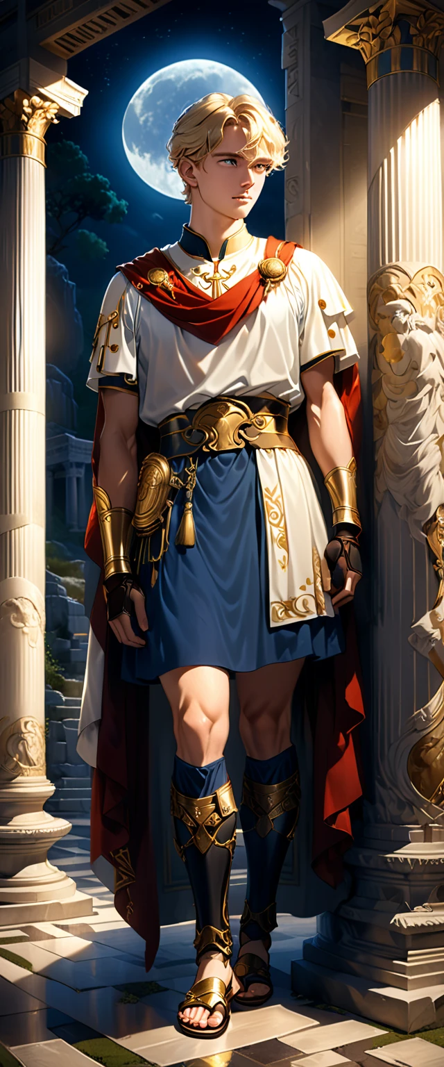 Handsome young blond man, around 20 years old, Roman soldier, liturgical uniform, he is wearing Roman sandals and calf and knee pads, full-body image, ancient Greek temple, He was standing, (leaning against a pillar:1.3), thinking deeply, arms folded, weight on one leg, the other slightly bent, late night inside the temple (dark: 1.5) (unlit: 1.4), moonlight shining in at an angle and illuminating him clearly. Highly detailed, photorealistic, realistic lighting, intricate architecture, ornate decor, cool color palette, gold accents, soft fabric textures, seductive facial expression, graceful pose, cinematic composition, natural lighting, realistic shadows, mysterious atmosphere, hyperrealistic, award-winning art