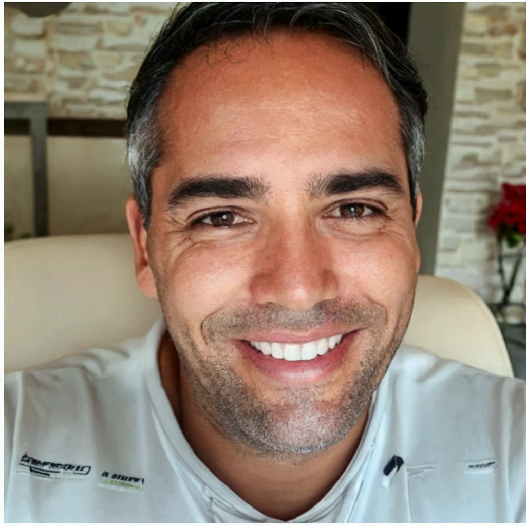 smiling man, with gray hair and white shirt, seated in a chair, icaro carvalho, gui guimaraes, miguel iglesias, edu souza, david rios ferreira, caio santos, Andreia Rocha, carmelo blandino, by Felipe Device, luis melo, henrique alvim corrêa, michael vicente, joe alves