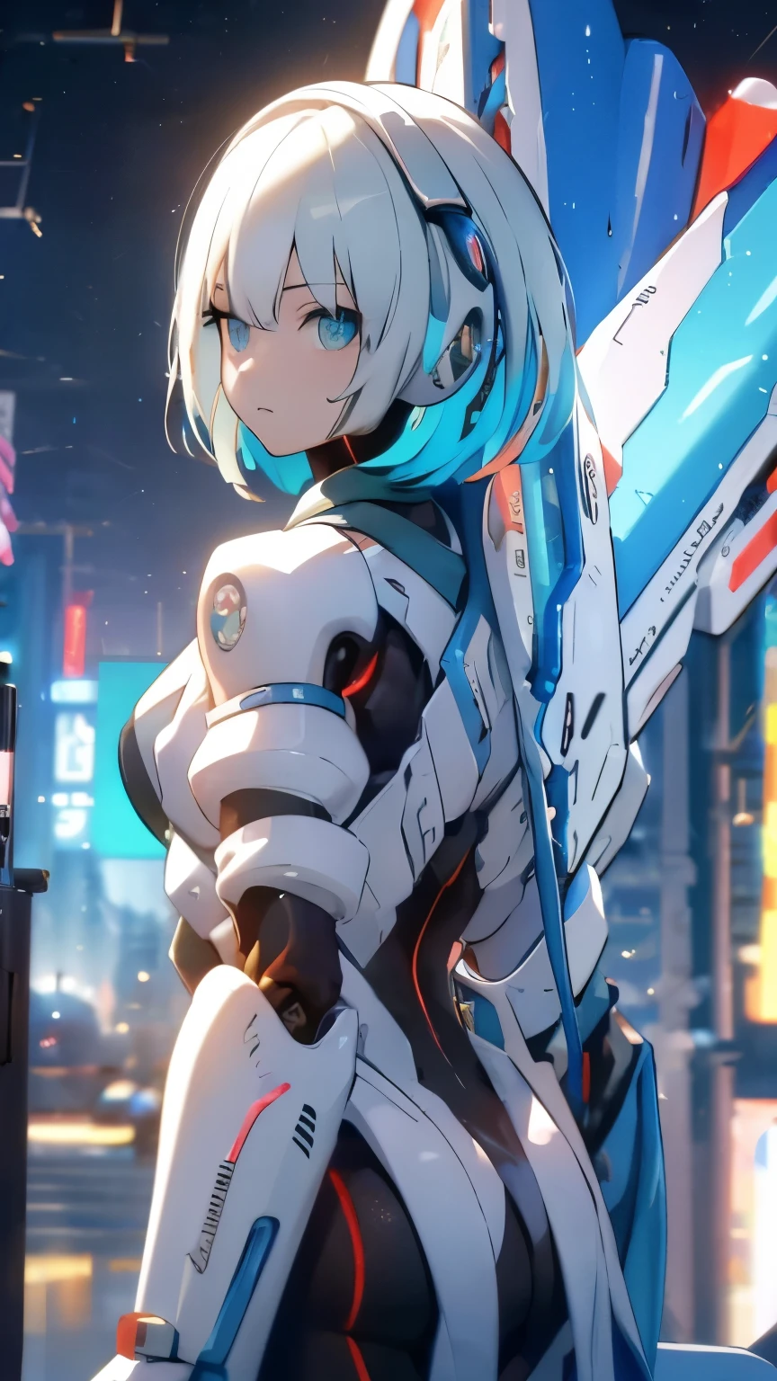 White hair, blunt bangs, bob cut, goggles on head, multicolored eyes, makeup, disgust, backlighting, masterpiece, accurate, super detail, award winning, highres, best quality, 8k, Cyberpunk, the world of science fiction movies, A Martian city in the year 2500, an android woman wearing a mechanic suit, Starry sky, meteor, from back