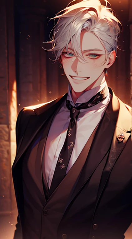 (Highest quality,4K,8K,High resolution,masterpiece:1.2),Super detailed,(Realistic,photoRealistic,photo-Realistic:1.37),1 person,34 years old,Mature Men,Beautiful skin、very handsome,Expressionless smile in love,Short white hair,green eyes,Sharp Eyes,A perfect face without a doubt,Businessman, CEO, Office Background,Cinema Lighting,HDR image,tie、